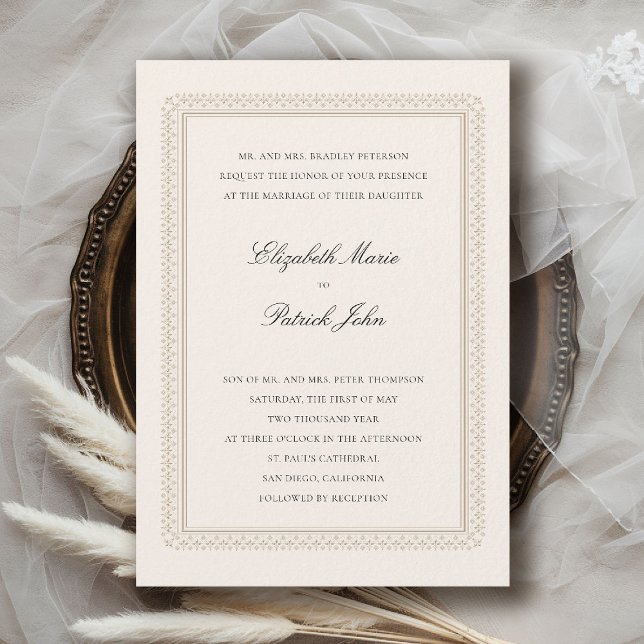Formal Lys Ecru Modern Classic Elegant Wedding Invitation (formal traditional wedding invitation modern classic double frame deco ballroom black tie ecru)