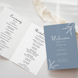 Formal Minimal Dusty Blue Folded Wedding Programme