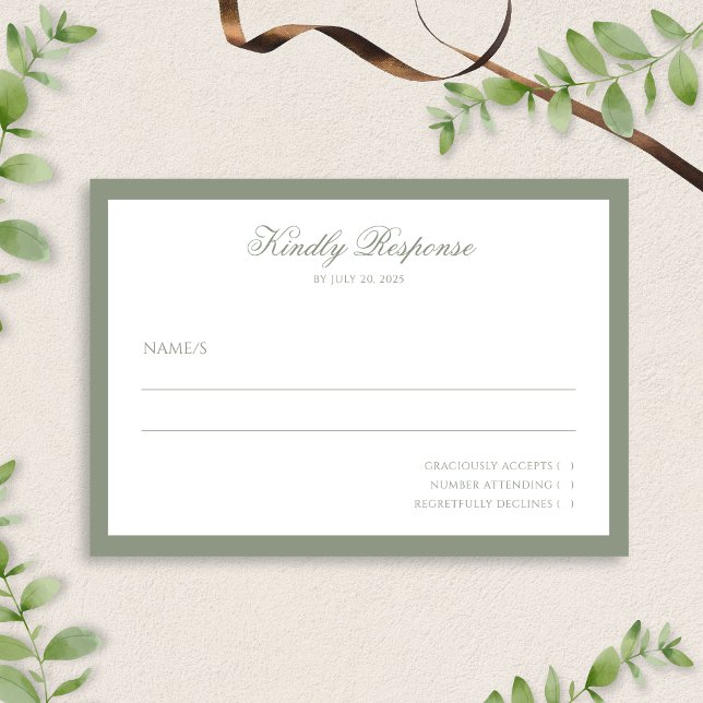Formal Minimal Sage Green Border Script Wedding  RSVP Card (Creator Uploaded)