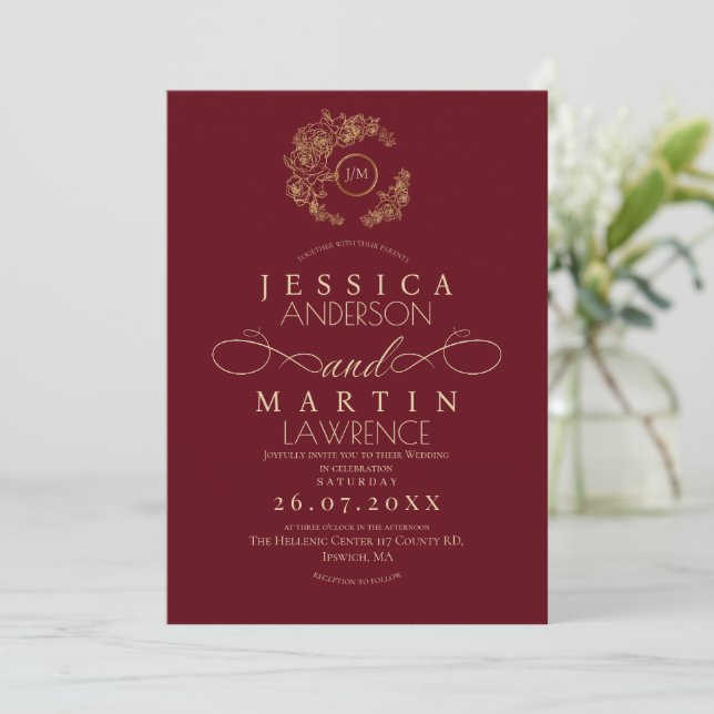 Formal Minimalist Red Gold Wedding  Invitation (Standing Front)