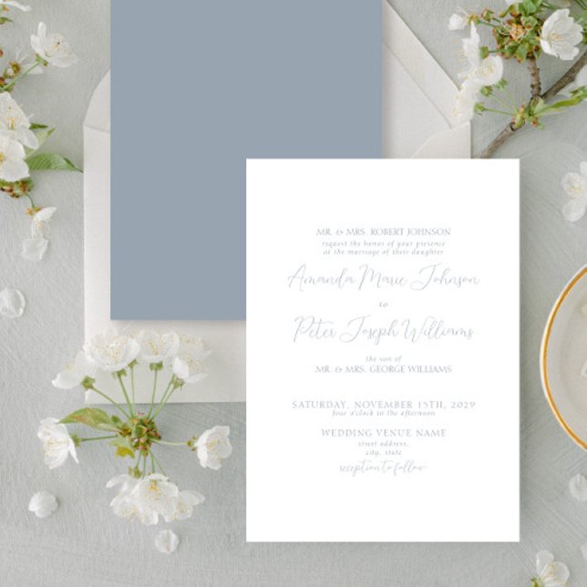 Formal Modern Calligraphy Dusty Blue Wedding Invitation (Creator Uploaded)