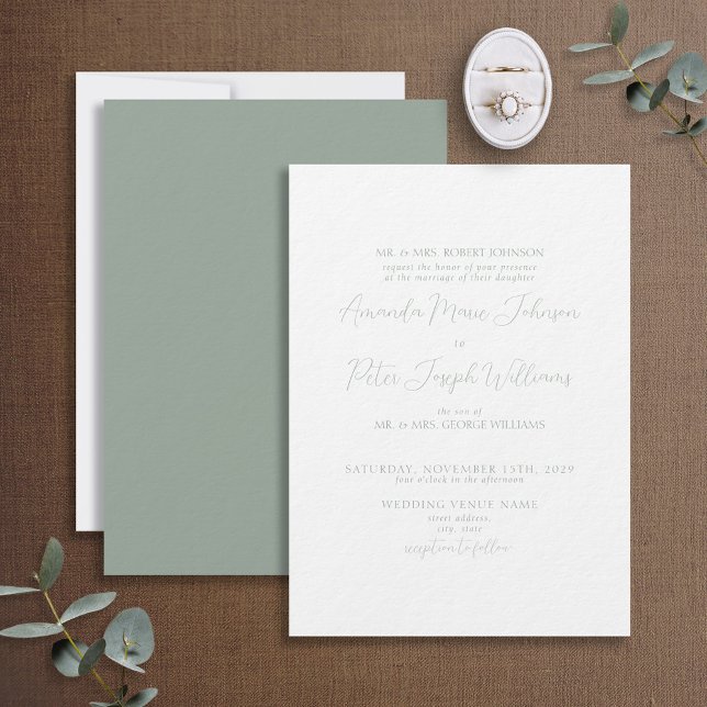 Formal Modern Calligraphy Sage Green Wedding Invitation (Creator Uploaded)