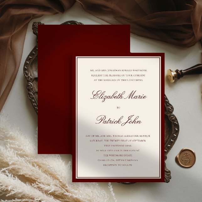 Formal Modern Classic Deep Burgundy Frame Wedding Invitation (deep burgundy wedding invitation quiet luxury old money double frame formal modern classic parents)