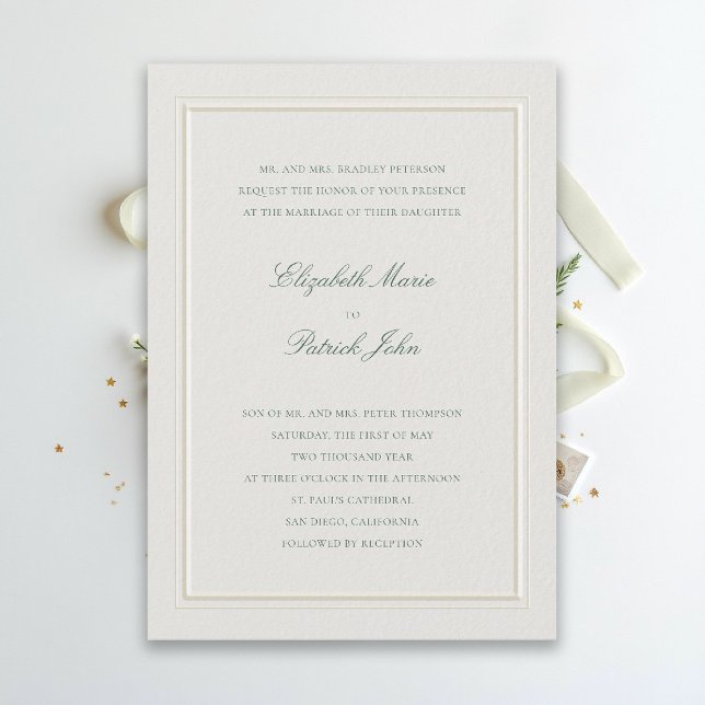 Formal Modern Classic Elegant Green Ecru Wedding Invitation (modern classic wedding invitation forest green type double frame ecru formal traditional stately)