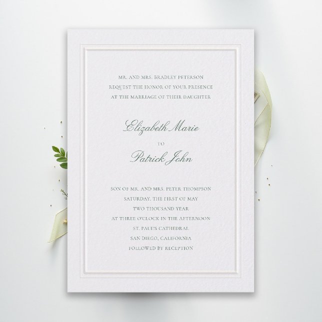 Formal Modern Classic Elegant Green Pearl Wedding Invitation (modern classic wedding invitation forest green type double frame pearl formal traditional stately)