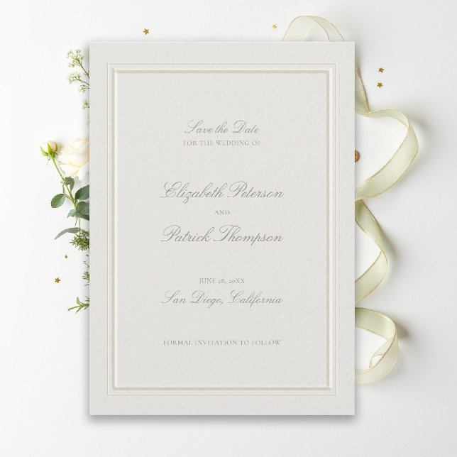 Formal Modern Classic Elegant Sage Ecru Wedding Save The Date (modern classic wedding save the date sage green type double frame formal traditional stately ecru)