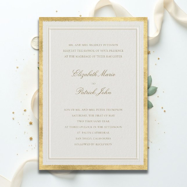 Formal Modern Classic Elevated Golden Ecru Wedding Invitation (formal traditional wedding invitation modern classic double frame gold ballroom black tie ecru)
