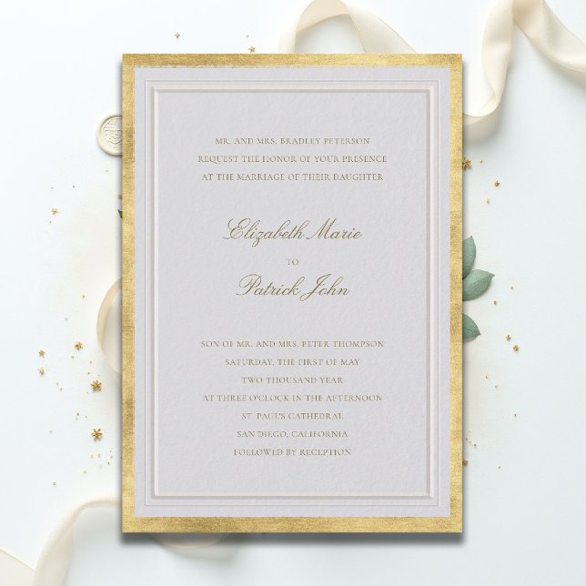 Formal Modern Classic Faux Gold Ivory Wedding Invitation (formal traditional wedding invitation modern classic double frame gold ballroom black tie ivory)