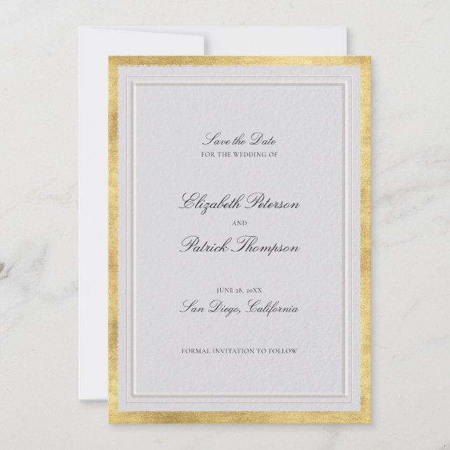 Formal Modern Classic Faux Gold Ivory Wedding Save The Date (Front)