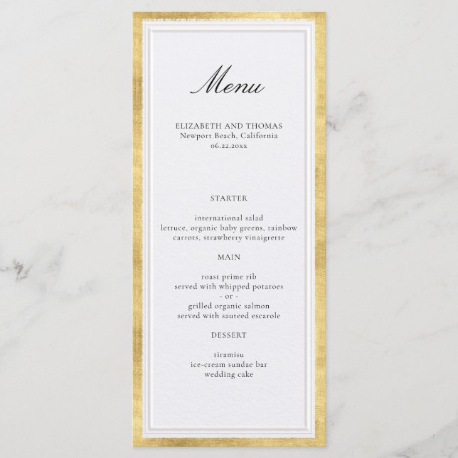 Formal Modern Classic Faux Gold Pearl Wedding Menu (Front)