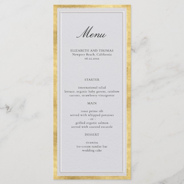 Formal Modern Classic Gold Ivory Elegant Wedding Menu (Front)