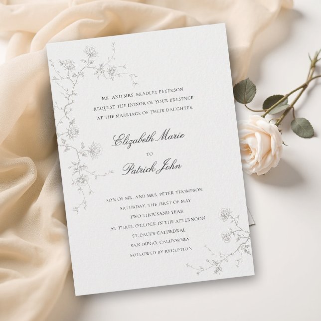 Formal Modern Classic Wild Roses Art Ivory Wedding Invitation (formal wedding invitation modern classic wild roses art sketch floral art calligraphy parents host)