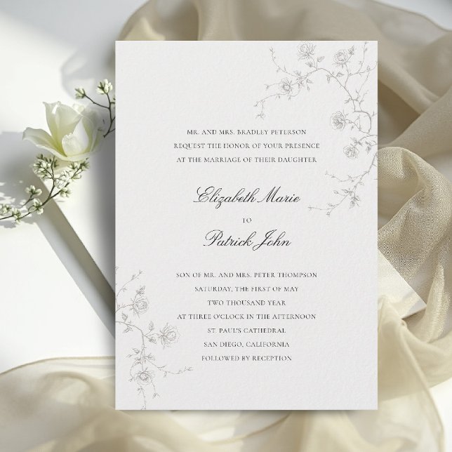 Formal Modern Classic Wild Roses Romance Wedding Invitation (formal wedding invitation modern classic wild roses sketch floral art calligraphy parents host)