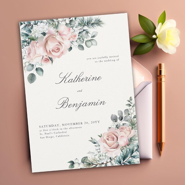 Formal Modern Classic Winter Roses Elegant Wedding Invitation (elegant winter wedding invitation blush roses foliage floral frame formal traditional calligraphy)