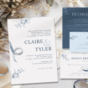 Formal, Modern Minimal Typography Blue Wedding Invitation
