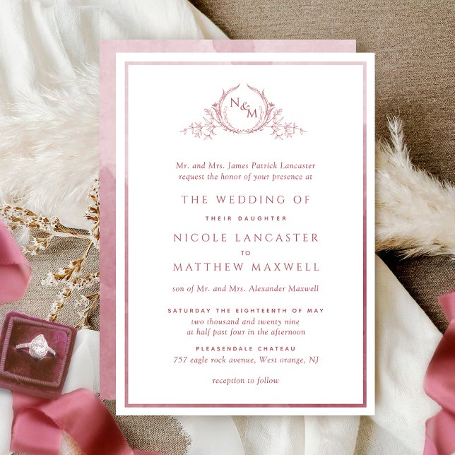 Formal Monogram Burgundy Watercolor Wedding Invitation (Creator Uploaded)