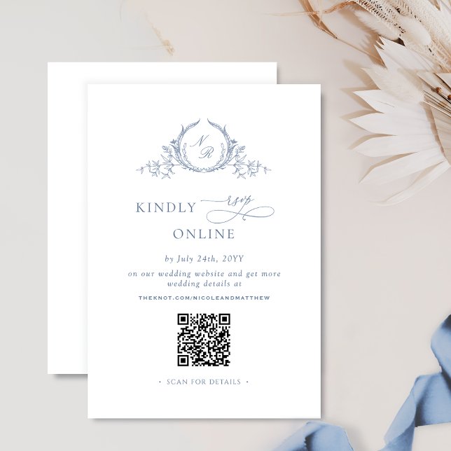 Formal Monogram Dusty Blue QR Code Wedding RSVP Enclosure Card (Creator Uploaded)