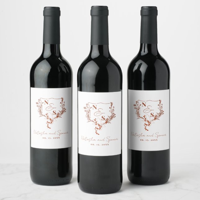 Formal Monogram Floral Crest Wedding Wine Label (Bottles)