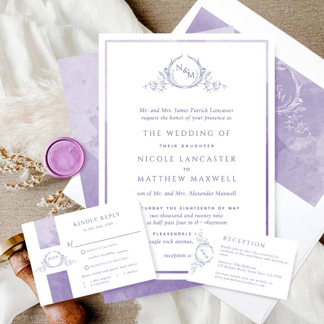 Formal Monogram Lavender Watercolor Wedding Invitation (Creator Uploaded)