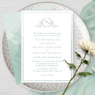 Formal Monogram Pale Green Watercolor Wedding Invitation