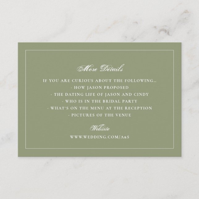 Formal Moss Green Wedding Website Details Enclosure Card (Front)