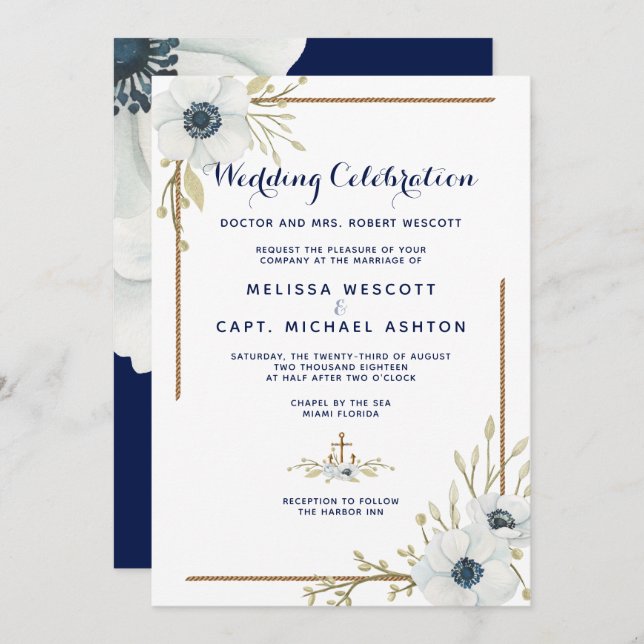 Formal Nautical Navy & White Anemone Wedding Invitation (Front/Back)
