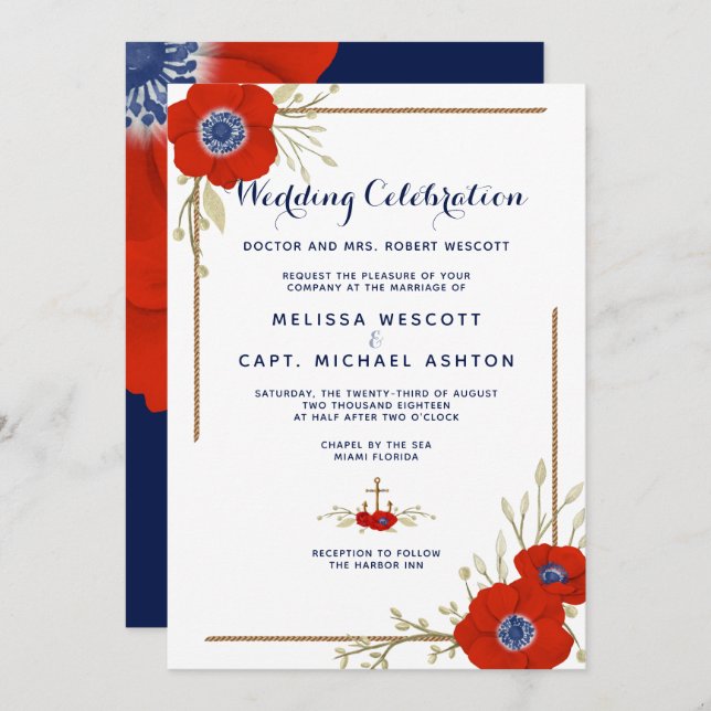Formal Nautical Red, White, & Blue Anemone Wedding Invitation (Front/Back)