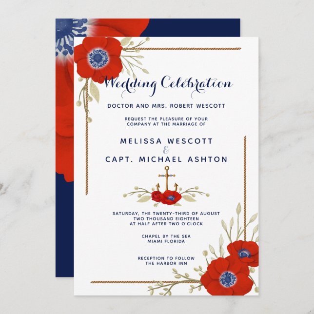 Formal Nautical Red White & Blue Anemone Wedding Invitation (Front/Back)