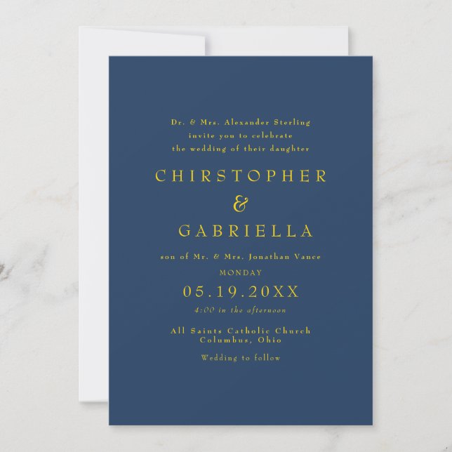 Formal Navy and Gold Simple Wedding Invitation (Front)