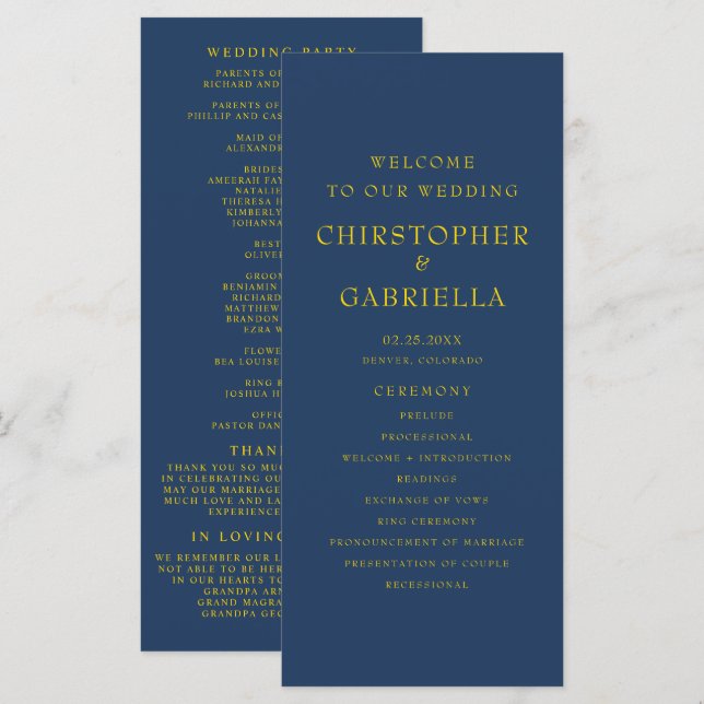 Formal Navy and Gold Simple Wedding Programme (Front/Back)