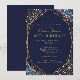 Formal Navy Blue 40th Birthday Invitation