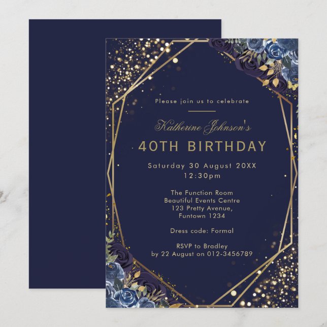 Formal Navy Blue 40th Birthday Invitation (Front/Back)
