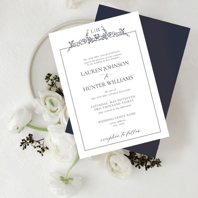 Formal Navy Blue Floral Border Monogram Wedding Invitation (Creator Uploaded)