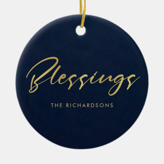 FORMAL NAVY GOLD MINIMAL CALLIGRAPHY BLESSINGS CERAMIC TREE DECORATION (Front)