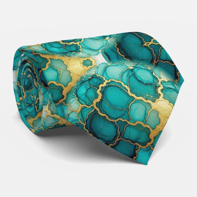 Formal Neck Tie | Marble Teal Blue & Gold (Rolled)