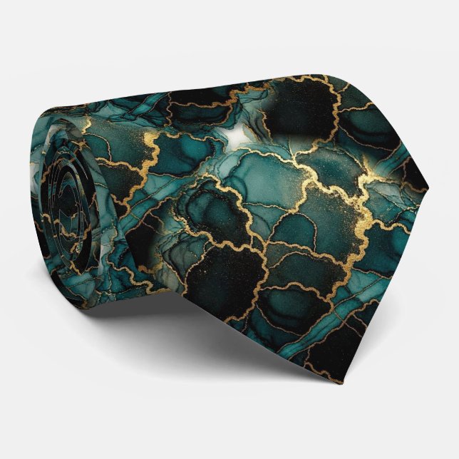 Formal Neck Tie | Marble Teal Blue & Gold (Rolled)