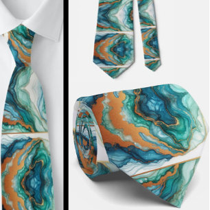 Formal Neck Tie Marble Teal Blue & Gold
