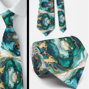 Formal Neck Tie Marble Teal Blue & Gold