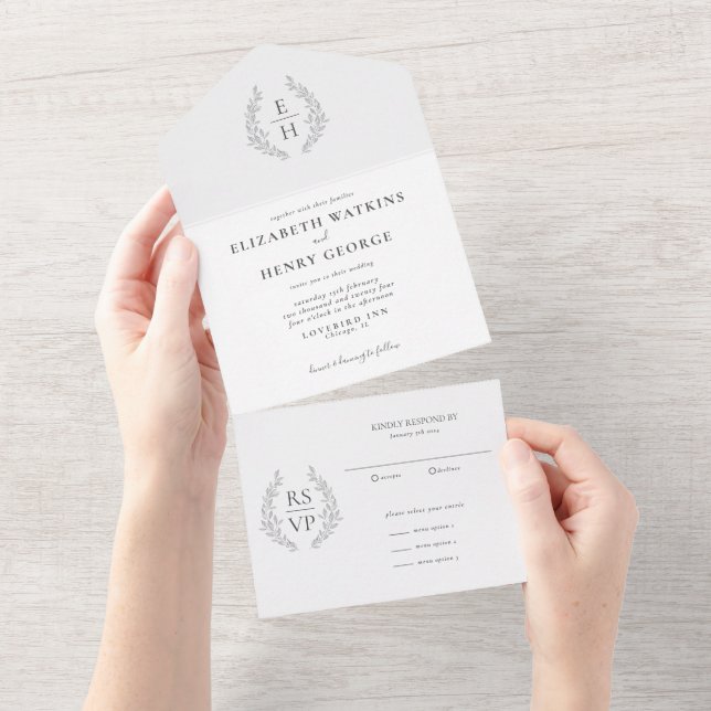 Formal Oval Wreath Monogram Black White Wedding  All In One Invitation (Tearaway)