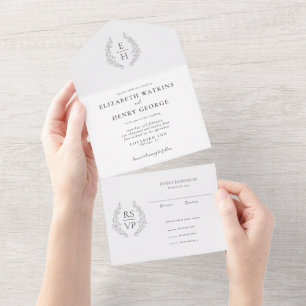 Formal Oval Wreath Monogram Black White Wedding  All In One Invitation