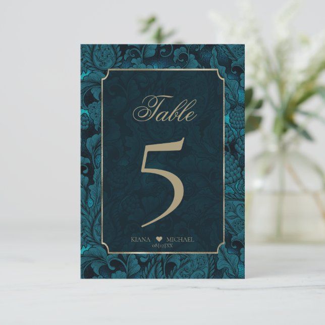 Formal Paisley Table Numbers Dark Teal ID767 (Standing Front)