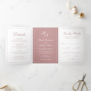 Formal Photo Monogram Elegant Dusty Rose Wedding Tri-Fold Invitation