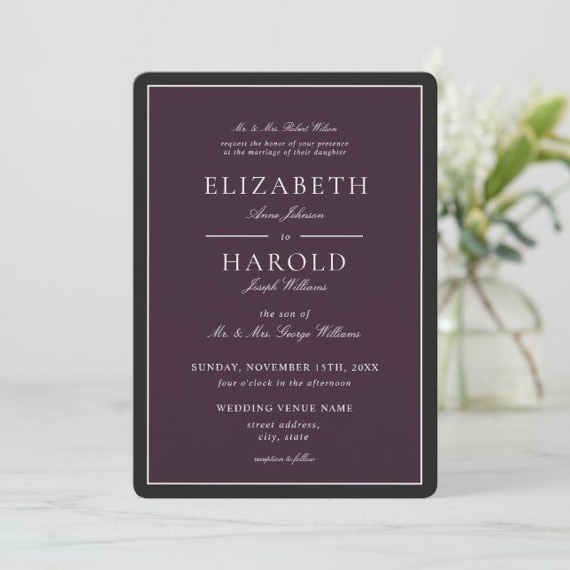 Formal Plum Classic Acrylic Wedding Invitation (Standing Front)