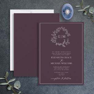 Formal Plum Purple Leafy Crest Monogram Wedding Invitation