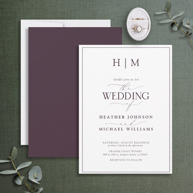 Formal Plum Purple Monogram Calligraphy Wedding Invitation (Creator Uploaded)