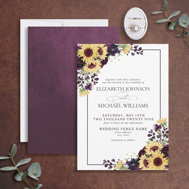 Formal Plum Purple Sunflower Watercolor Wedding Invitation (Creator Uploaded)