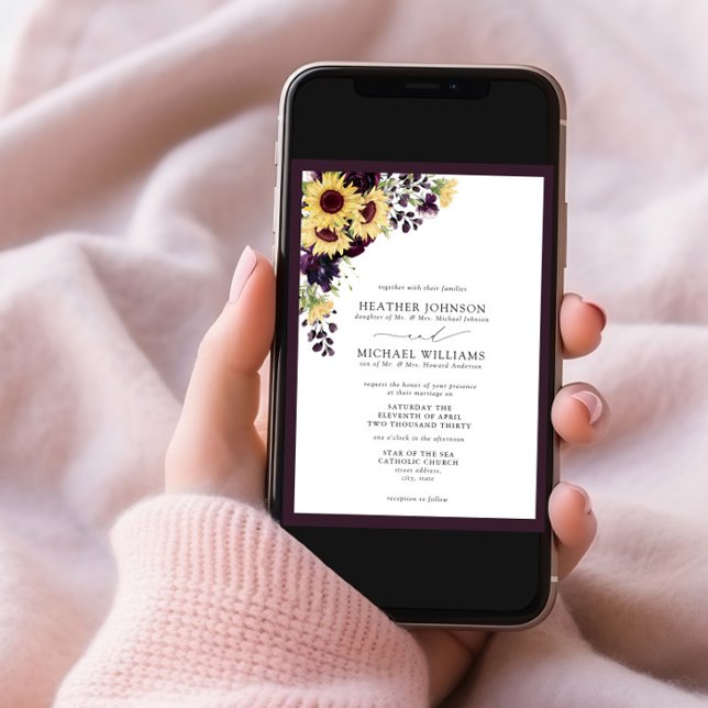 Formal Plum Purple Sunflower Watercolor Wedding Invitation (Creator Uploaded)