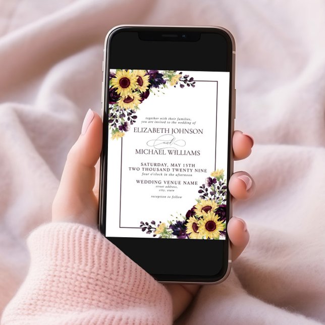 Formal Plum Purple Sunflower Watercolor Wedding Invitation (Creator Uploaded)