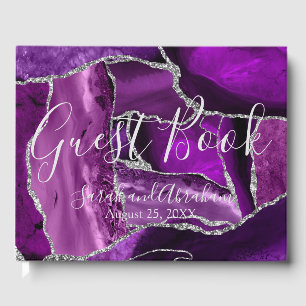 Formal Purple Agate Silver Faux Glitter Wedding Guest Book