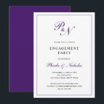 Formal Purple Monogram Engagement Party Invitation<br><div class="desc">Classy engagement party invitation featuring a simple design with your two initial monogram and your names in an elegant royal purple calligraphy inside of a thin border.  The backside is solid purple.  This classic design is perfect for a formal engagement party in the fall / autumn.</div>